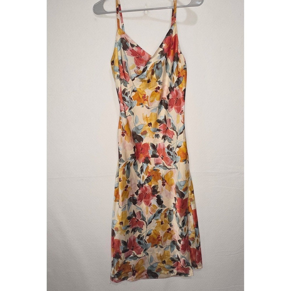 Inspired Hearts Floral Satin Cowl Neck Midi Dress Sleeveless Side Slit Medium